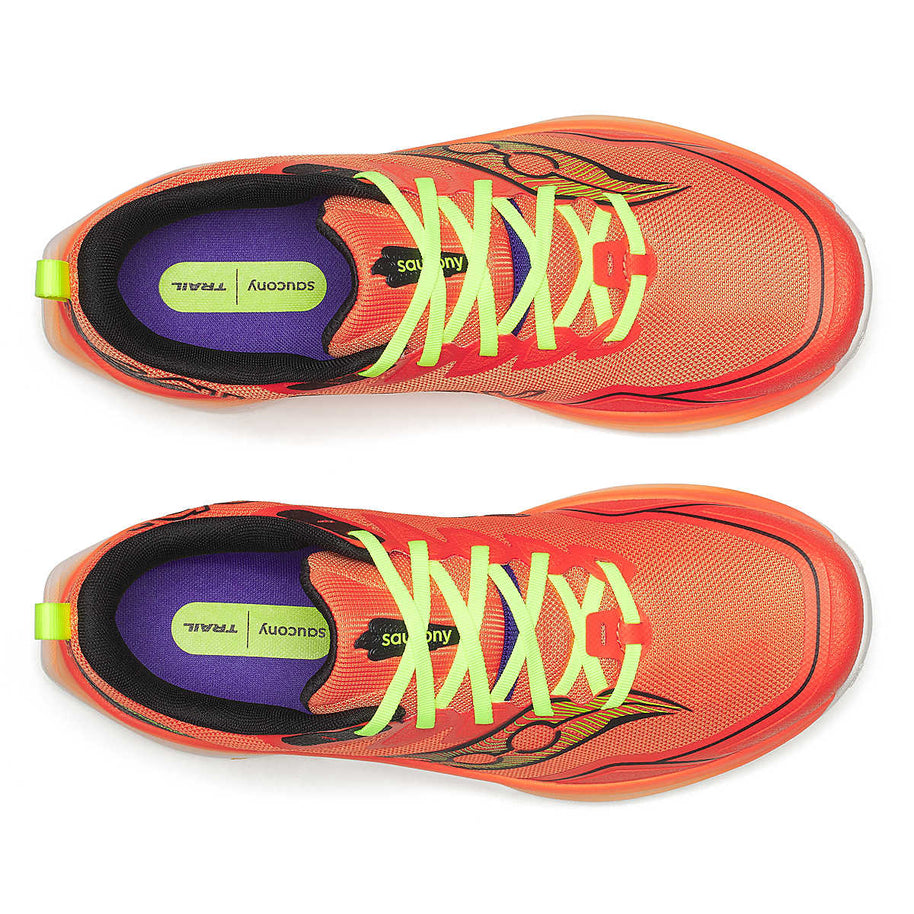 Peregrine 16 - Men by Saucony in bright orange with yellow laces, Vibram Megagrip sole, cushioned trail running shoe for rugged terrain