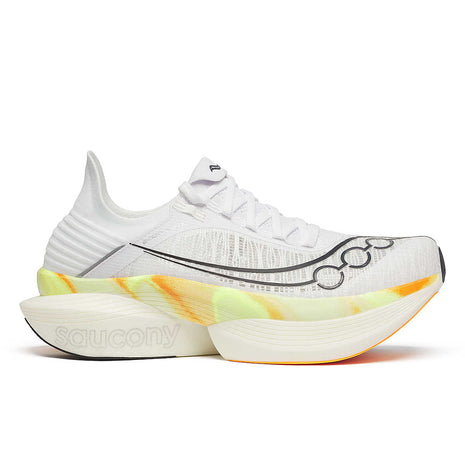 Endorphin Elite 2 - Unisex by Saucony in white with yellow-orange midsole, lightweight road racing shoe with IncrediRUN foam for energy return