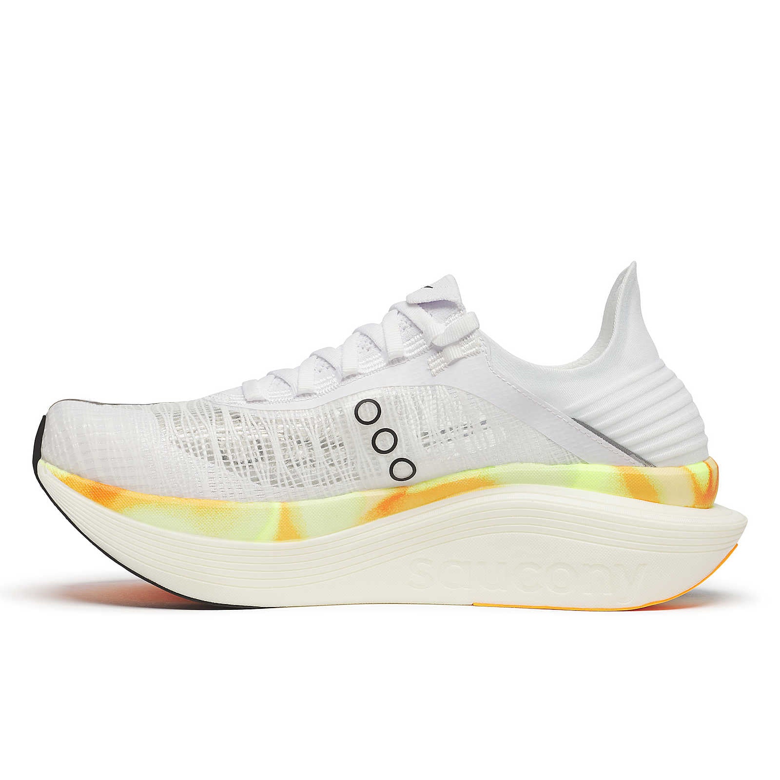 Endorphin Elite 2 - Unisex by Saucony in white with yellow and orange sole, lightweight supershoe with IncrediRUN foam for energy return and road racing