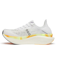 Endorphin Elite 2 - Unisex by Saucony in white with yellow and orange sole, lightweight supershoe with IncrediRUN foam for energy return and road racing