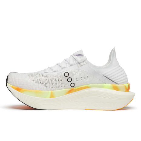 Endorphin Elite 2 - Unisex by Saucony in white with yellow and orange sole, lightweight supershoe with IncrediRUN foam for energy return and road racing