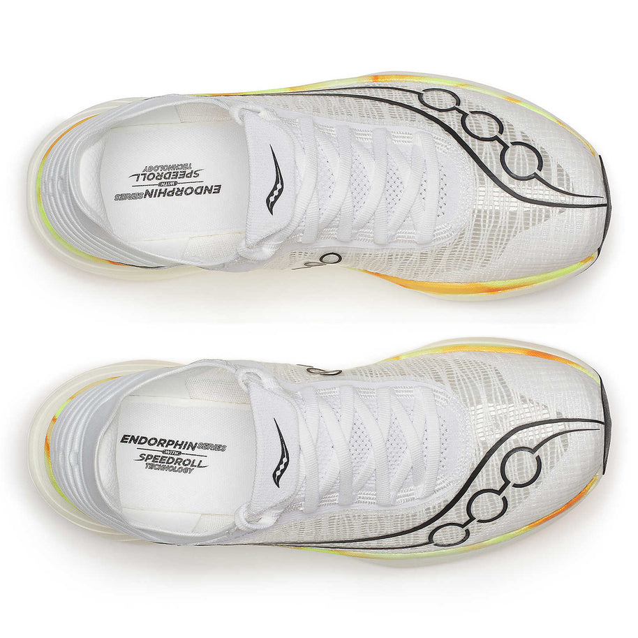 Endorphin Elite 2 - Unisex by Saucony in white with black details, energy-returning IncrediRUN foam, road racing shoe for competitive running