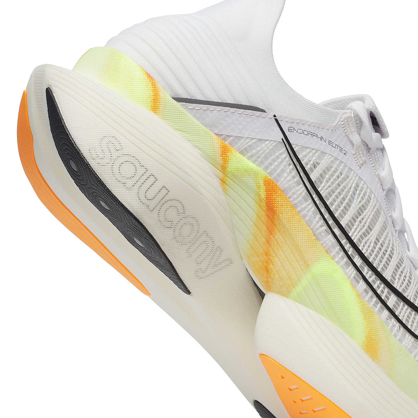 Endorphin Elite 2 - Unisex by Saucony in white with orange and yellow, lightweight road running shoe with IncrediRUN foam for energy return