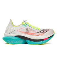 Endorphin Elite 2 - Unisex by Saucony in white, neon yellow, and teal running shoe with IncrediRUN foam for energy return and road racing performance