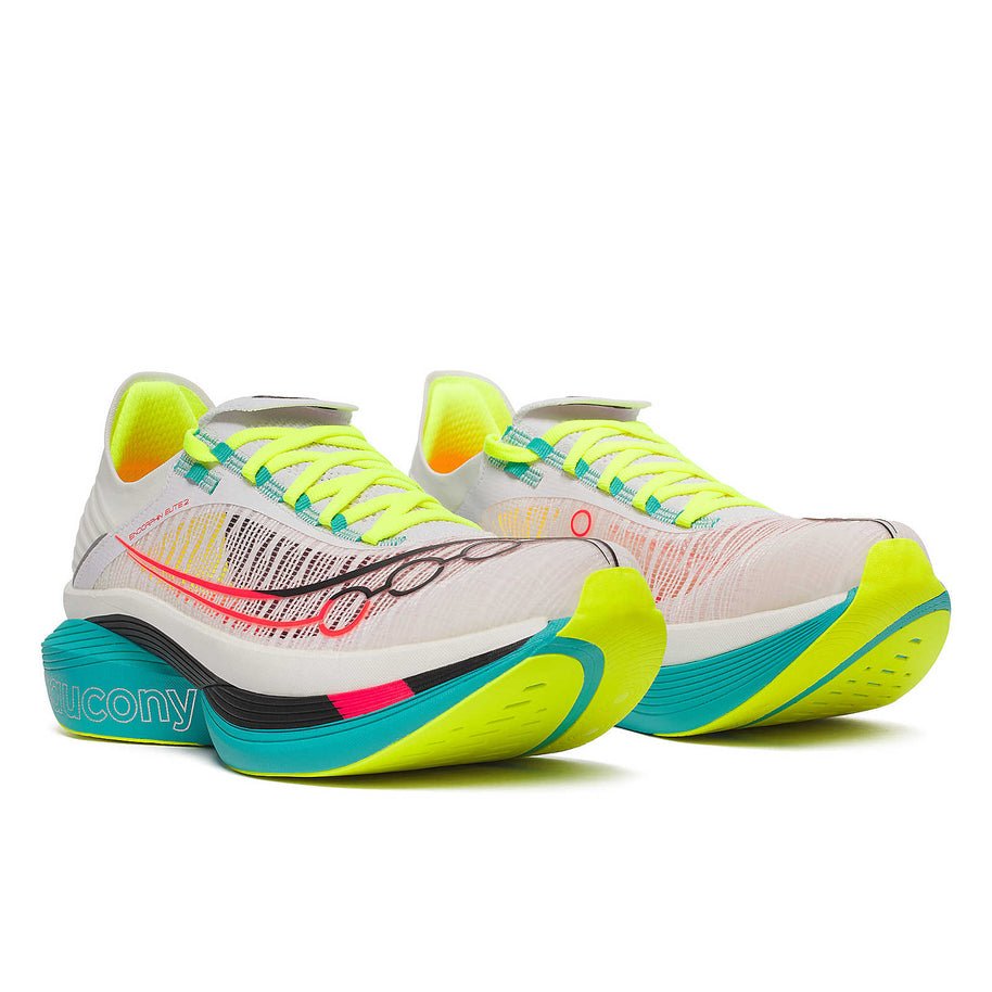 Endorphin Elite 2 - Unisex by Saucony in beige and neon yellow with IncrediRUN foam for energy return, competitive road running shoes