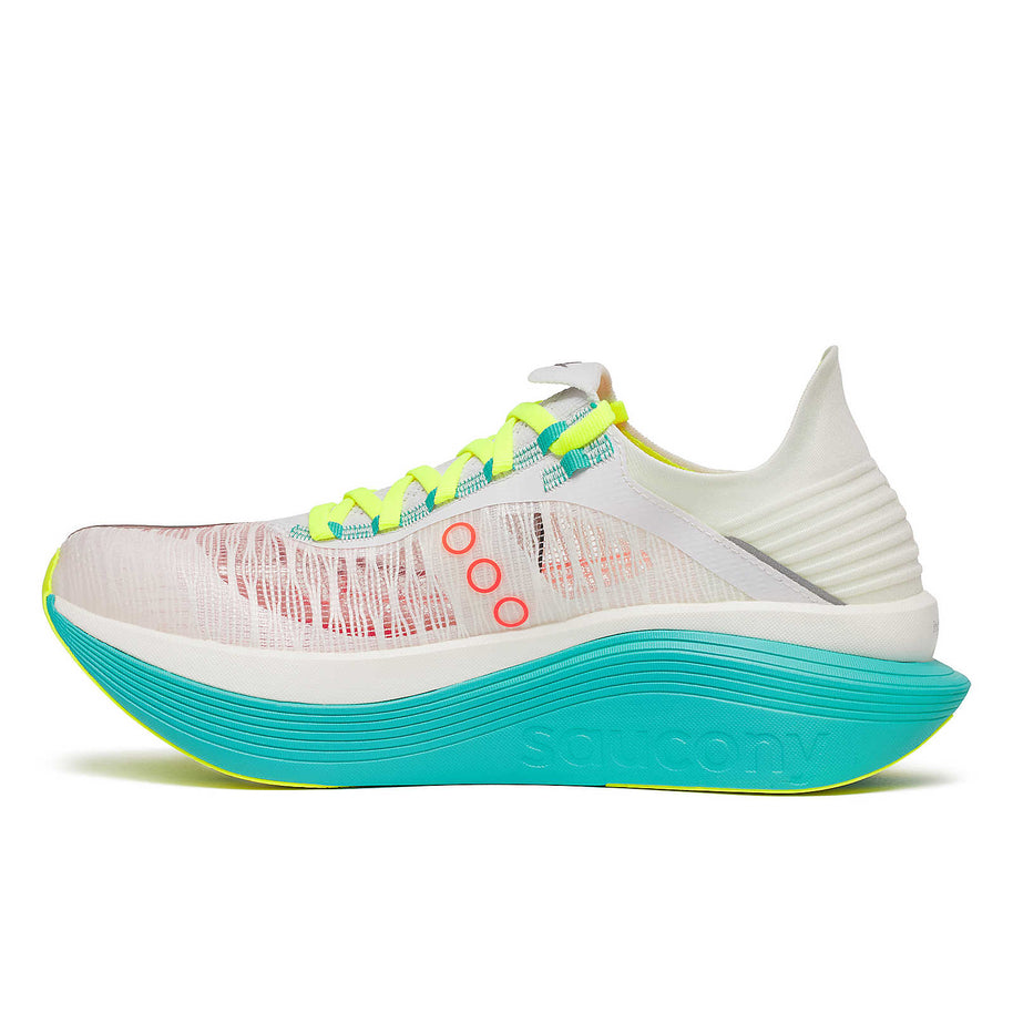 Endorphin Elite 2 - Unisex by Saucony in white, teal, and neon yellow with IncrediRUN foam for energy return, ideal for competitive road running
