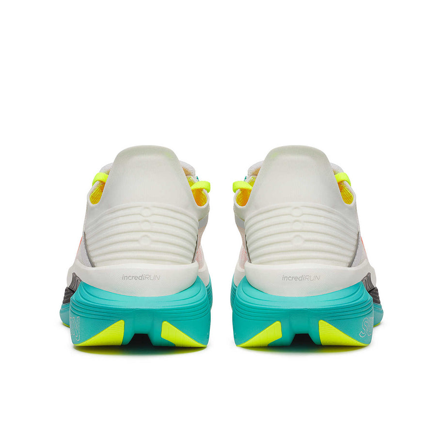 Endorphin Elite 2 - Unisex by Saucony in white, teal, and yellow with IncrediRUN foam for competitive road running and energy return