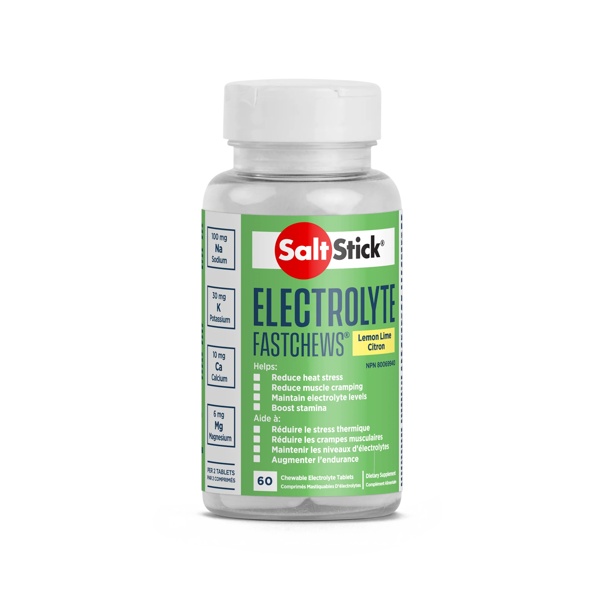 Saltstick Fastchews 60-Tab Bottle in green with lemon lime flavor, chewable electrolyte tablets for hydration and stamina support during running and sports