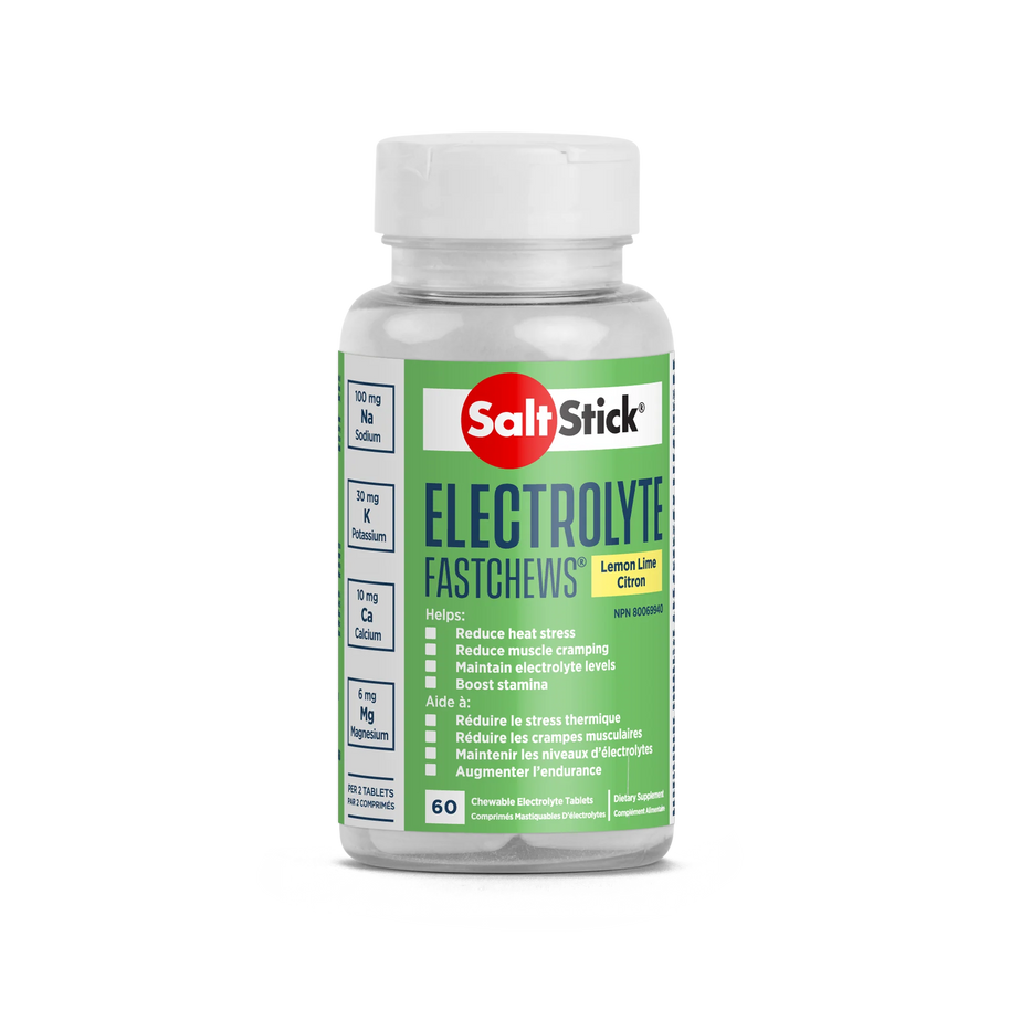 Saltstick Fastchews 60-Tab Bottle in green with lemon lime flavor, chewable electrolyte tablets for hydration and stamina support during running and sports