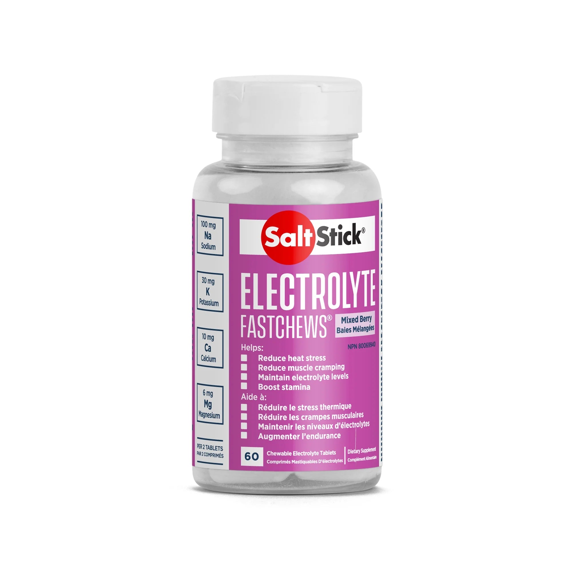 Saltstick Fastchews 60-Tab Bottle in purple for electrolyte replacement with sodium, potassium, magnesium, calcium to reduce cramping and boost stamina