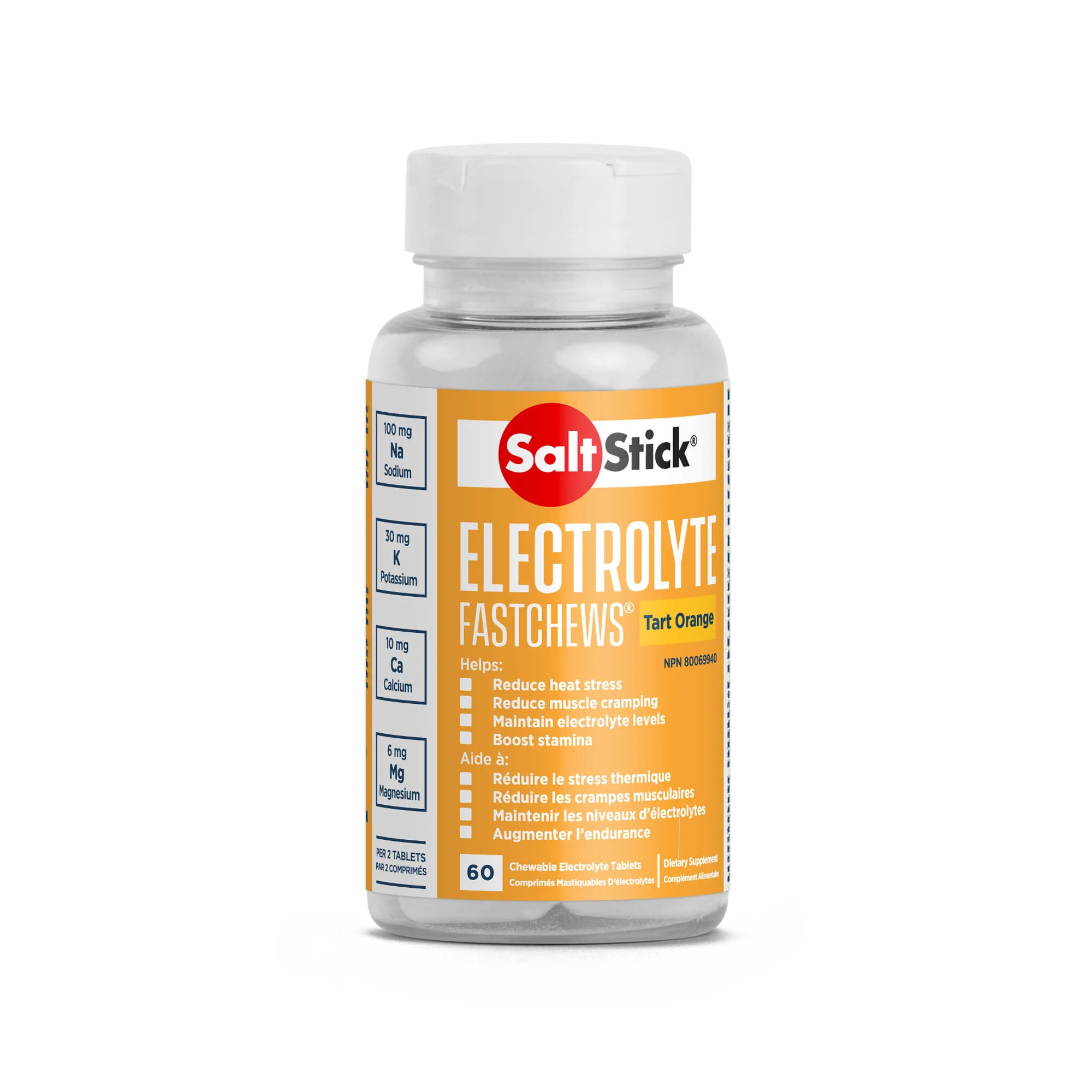 Saltstick Fastchews 60-Tab Bottle in orange, chewable electrolyte replacement with sodium, potassium, magnesium, calcium for endurance and heat stress.
