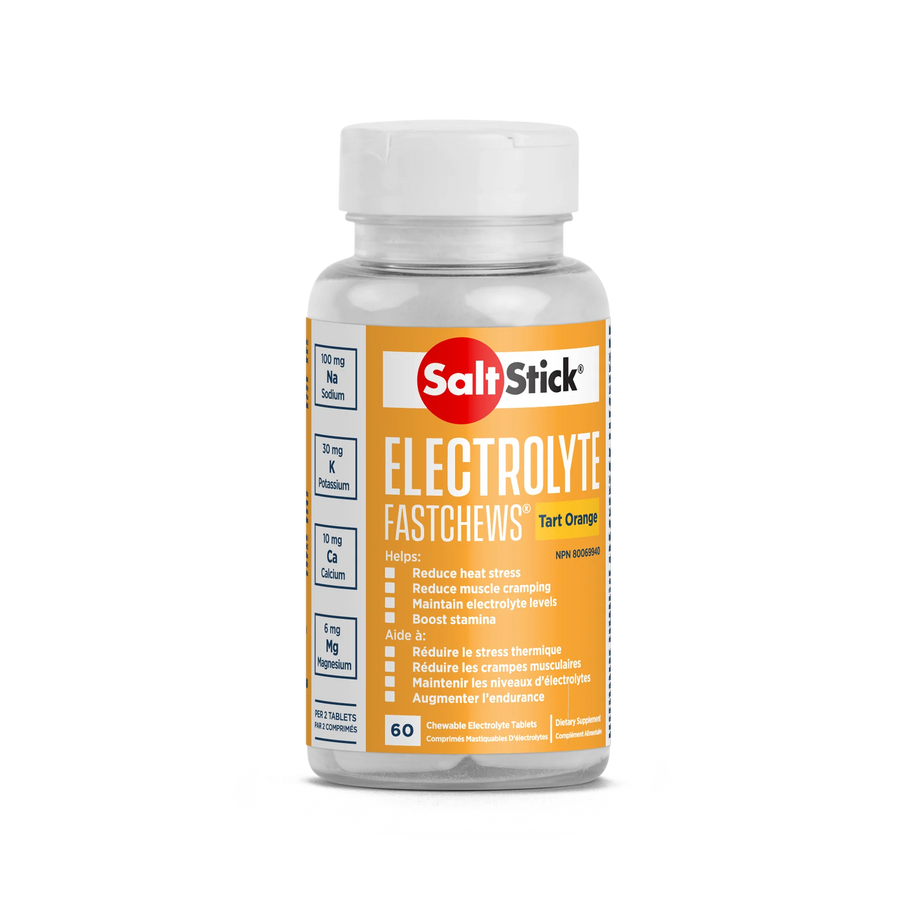 Saltstick Fastchews 60-Tab Bottle in orange, chewable electrolyte replacement with sodium, potassium, magnesium, calcium for endurance and heat stress.