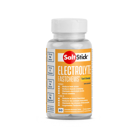 Saltstick Fastchews 60-Tab Bottle in orange, chewable electrolyte replacement with sodium, potassium, magnesium, calcium for endurance and heat stress.