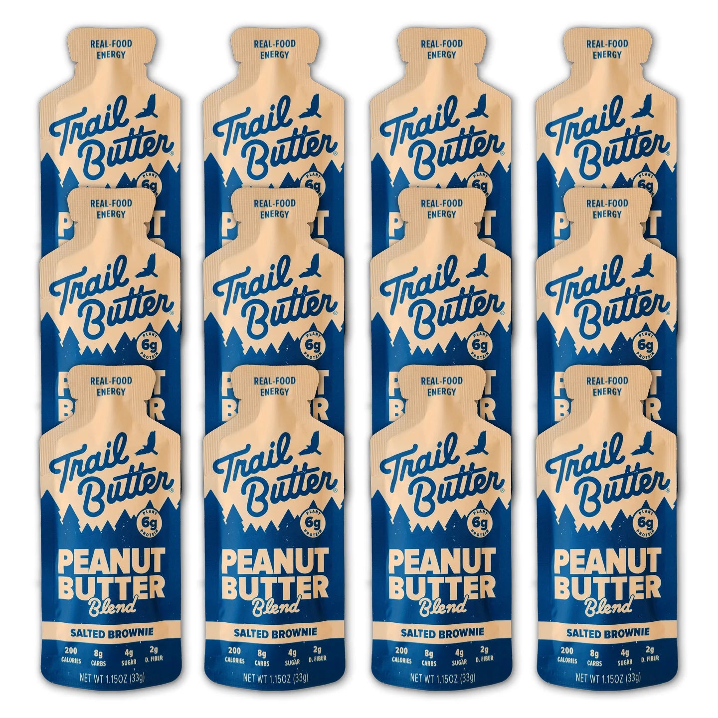 Peanut Butter - Salted Brownie by Trail Butter in blue and tan packaging, peanut butter blend with dark chocolate, vanilla, sea salt, ideal energy snack