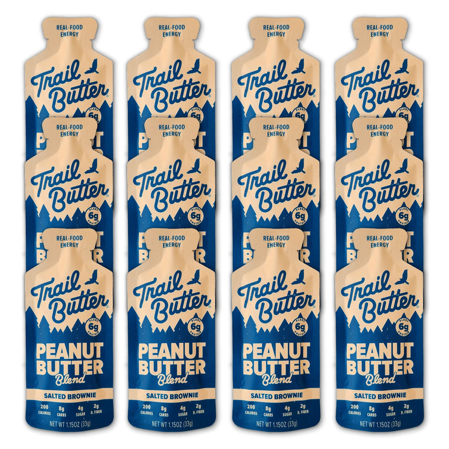 Peanut Butter - Salted Brownie by Trail Butter in blue and tan packaging, peanut butter blend with dark chocolate, vanilla, sea salt, ideal energy snack