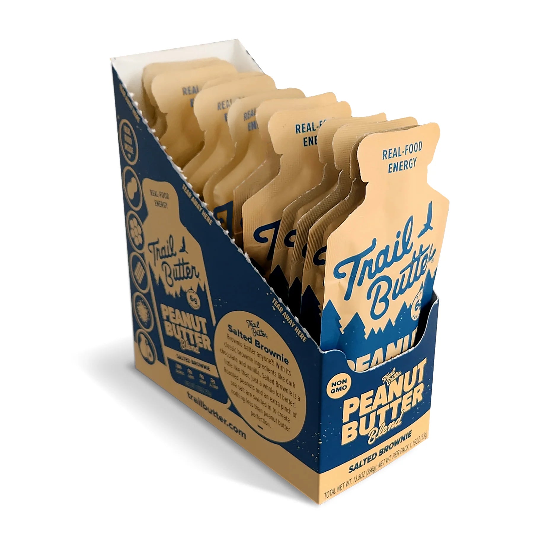 Peanut Butter - Salted Brownie by Trail Butter in blue and tan packaging, creamy peanut butter with dark chocolate and sea salt for energy