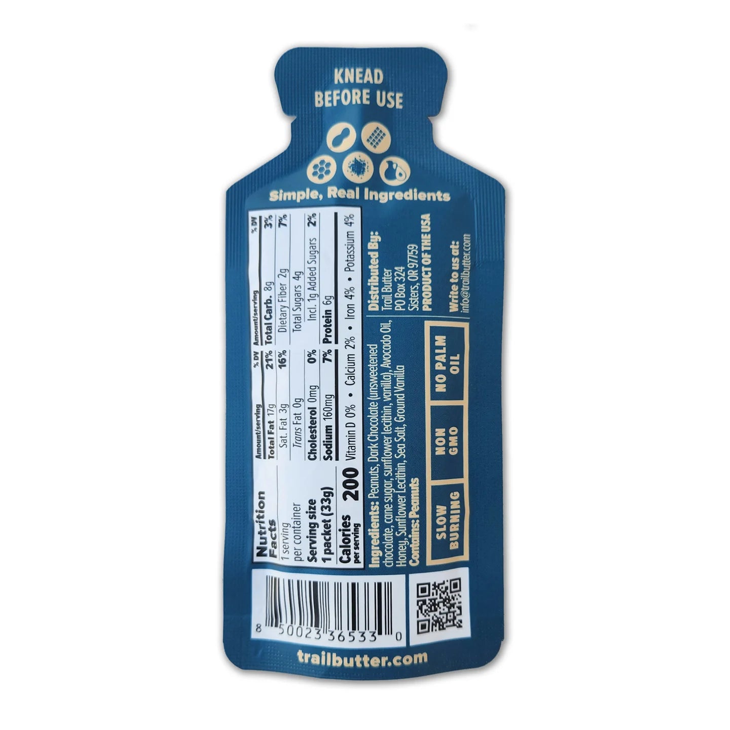 Peanut Butter - Salted Brownie by Trail Butter in blue pouch, with real roasted peanuts, dark chocolate, vanilla, sea salt, ideal for nutrition and energy boost