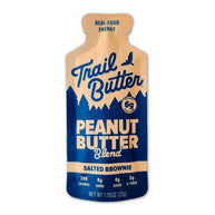 Peanut Butter - Salted Brownie by Trail Butter in beige and navy pouch, rich flavor with roasted peanuts, dark chocolate, sea salt, high protein blend