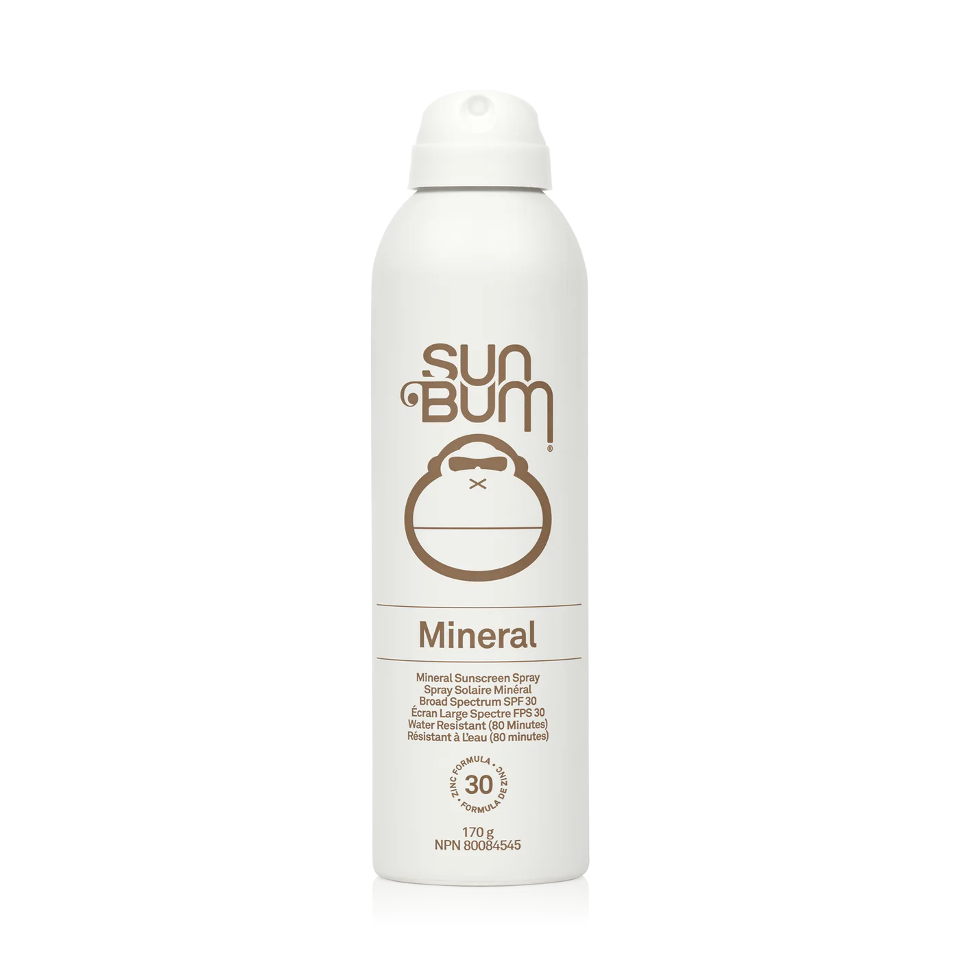 Mineral SPF 30 Sunscreen Spray by Sun Bum in white with zinc-based formula, broad spectrum protection, water resistant for outdoor use
