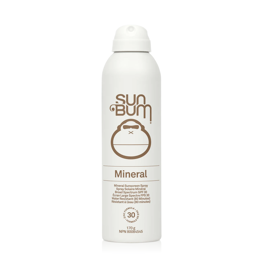 Mineral SPF 30 Sunscreen Spray by Sun Bum in white with zinc-based formula, broad spectrum protection, water resistant for outdoor use