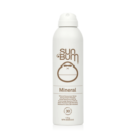 Mineral SPF 30 Sunscreen Spray by Sun Bum in white with zinc-based formula, broad spectrum protection, water resistant for outdoor use