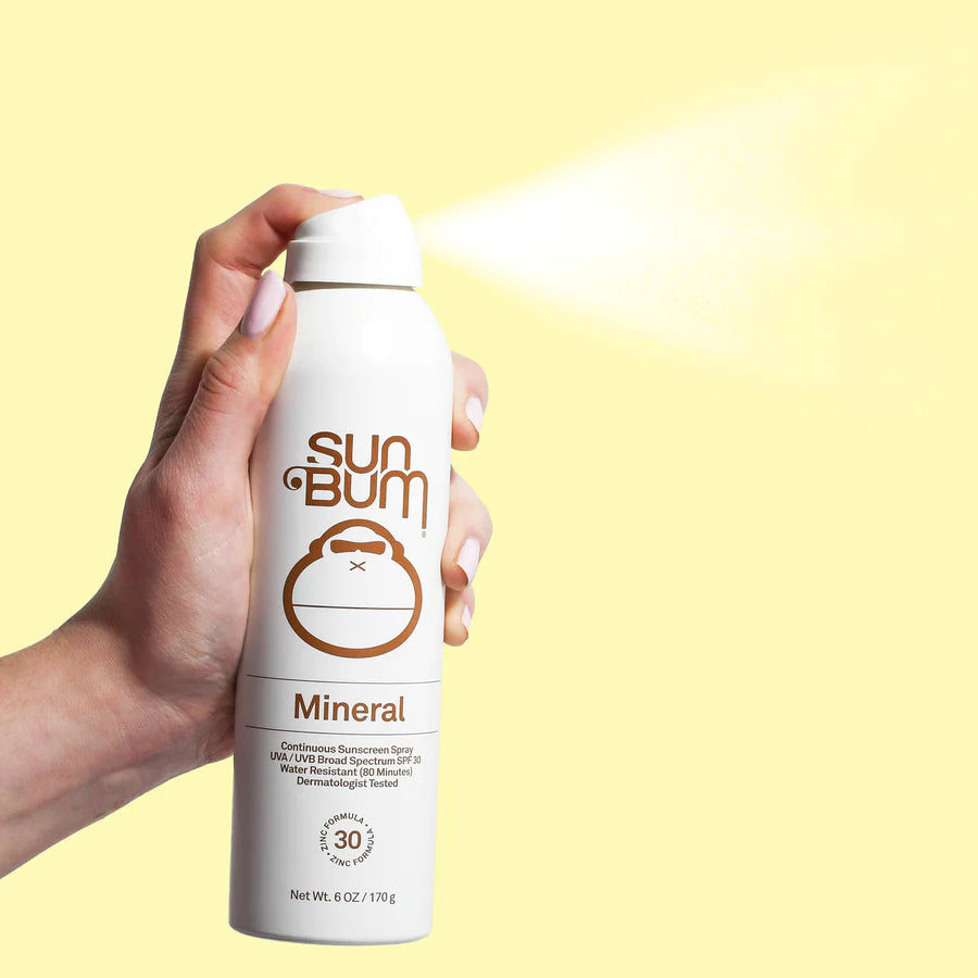 Mineral SPF 30 Sunscreen Spray by Sun Bum in white bottle with bronze text, zinc-based, continuous spray, water resistant for outdoor sun protection