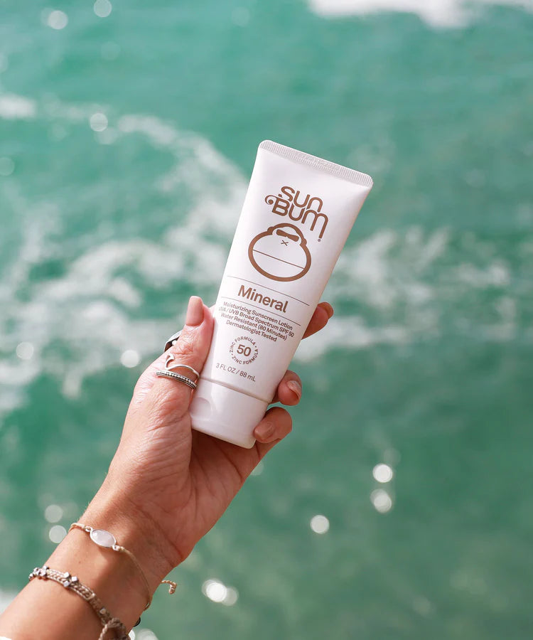 Mineral SPF 50 Lotion 3oz Tube by Sun Bum in white, lightweight zinc-based mineral sunscreen lotion, broad spectrum SPF 50 protection