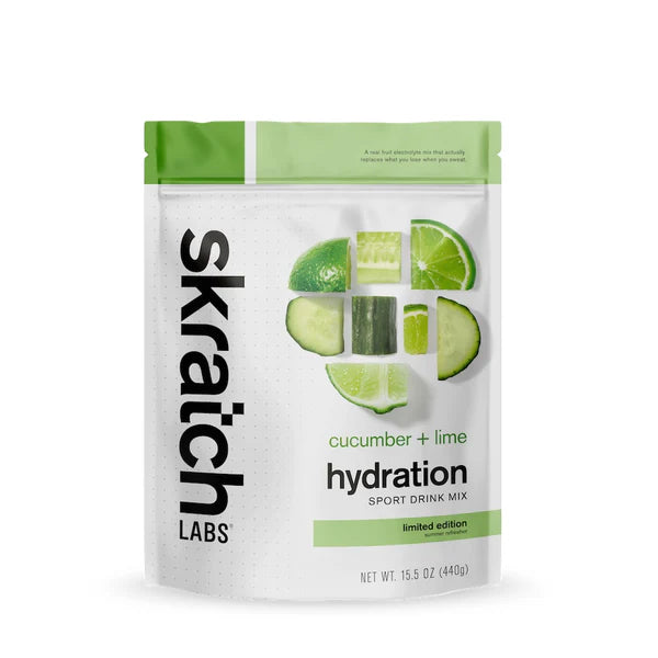 Sport Hydration Drink Mix cucumber + lime by Skratch Labs in green and white pouch, electrolyte replacement for running and workouts