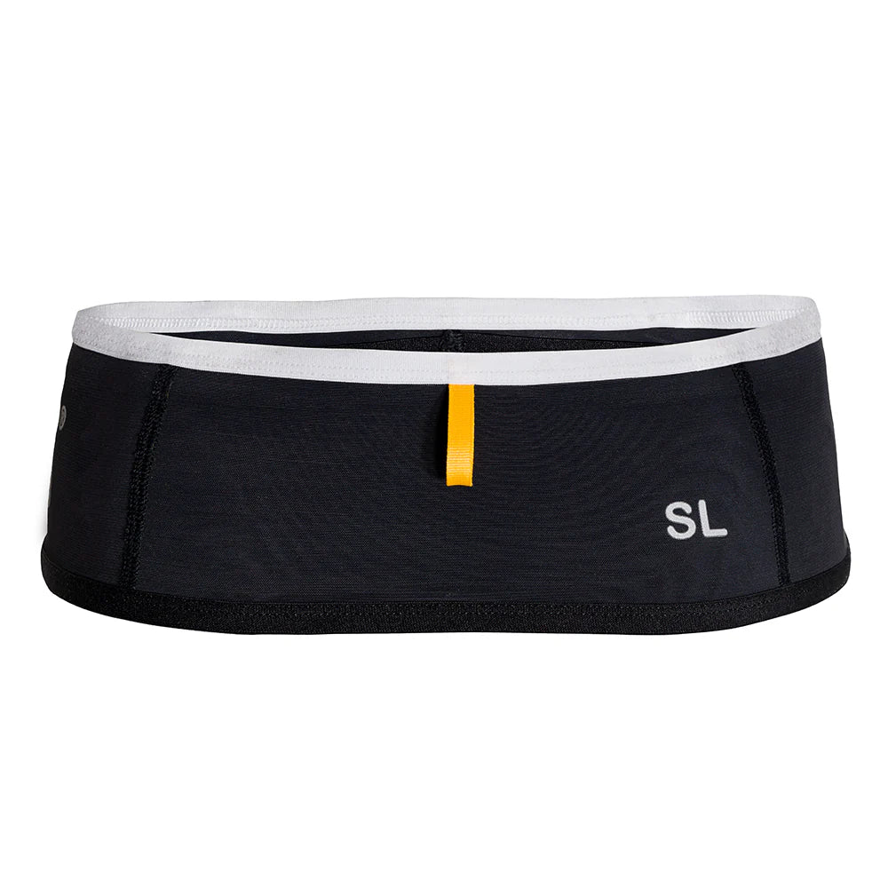 SL Running Band by Naked in black with white trim, lightweight waist belt for carrying essentials during short distance runs like 5Ks and half marathons