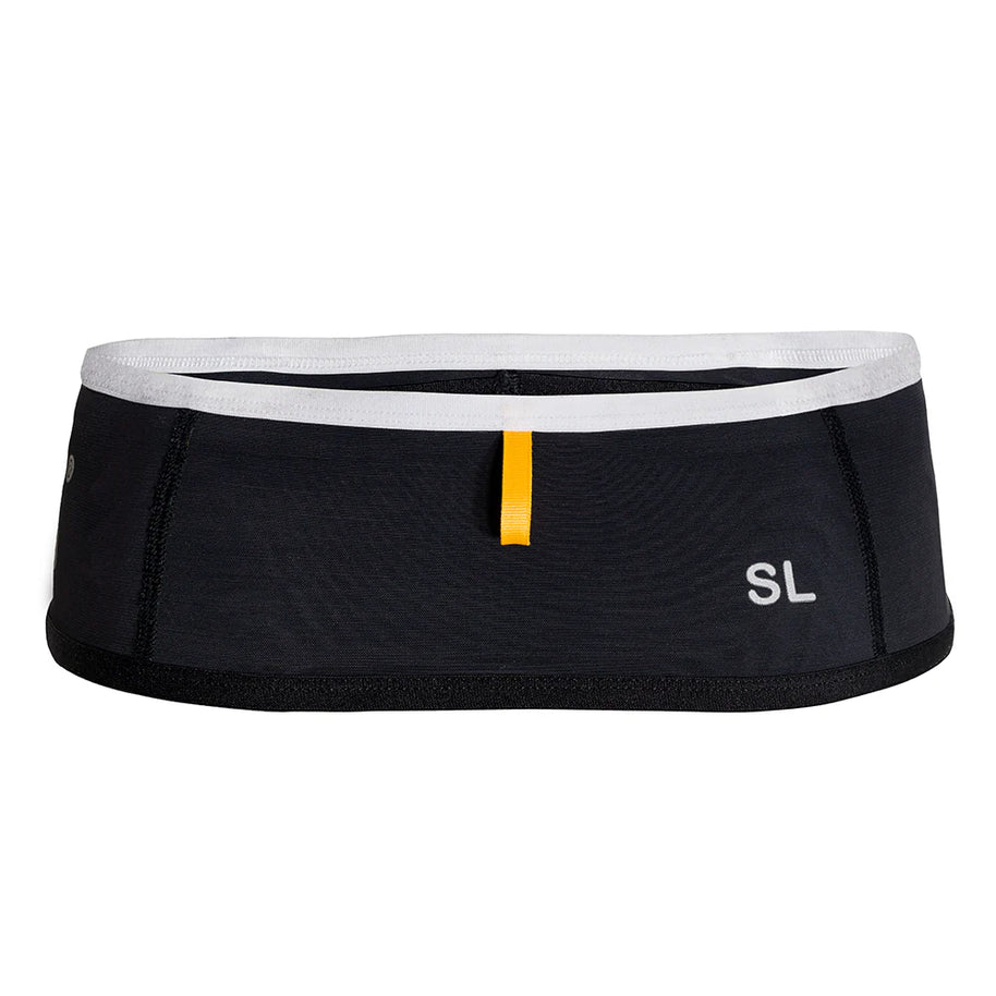 SL Running Band by Naked in black with white trim, lightweight waist belt for carrying essentials during short distance runs like 5Ks and half marathons