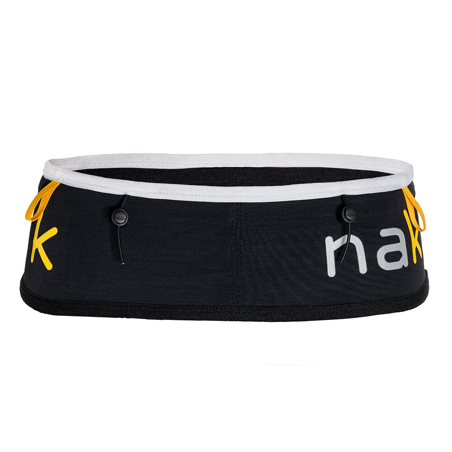 SL Running Band by Naked in black with white trim, lightweight and compact running waist belt for 5K to half marathon storage