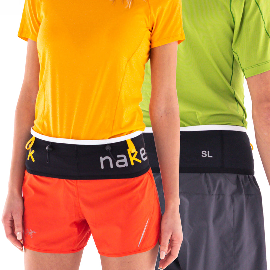SL Running Band by Naked in black with white trim, lightweight running belt for short distances like 5Ks and half marathons