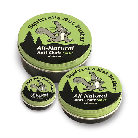 All Natural Anti-Chafe Salve (Metal Tin) by Squirrel's Nut Butter in green and black, natural anti-chafe salve with beeswax for skin protection against blisters and chafing