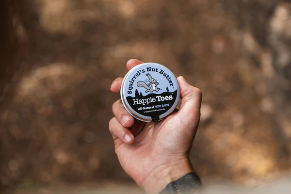 Happie Toes Blend (Metal Tin) by Squirrel's Nut Butter in silver recyclable 2oz tin, all-natural foot salve for restoring damaged skin