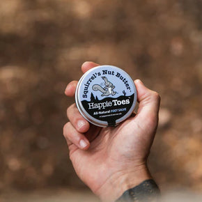 Happie Toes Blend (Metal Tin) by Squirrel's Nut Butter in silver recyclable 2oz tin, all-natural foot salve for restoring damaged skin
