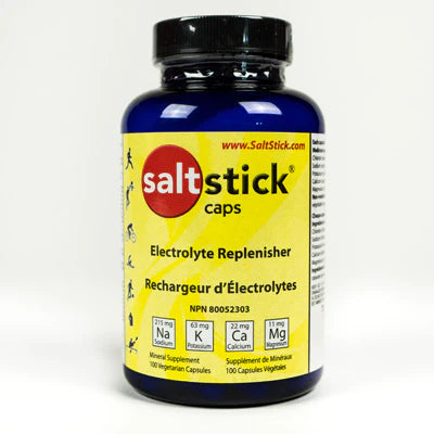 Saltstick Capsules 100-CT by Saltstick in blue bottle with yellow label, electrolyte replenisher designed to replace minerals lost in sweat