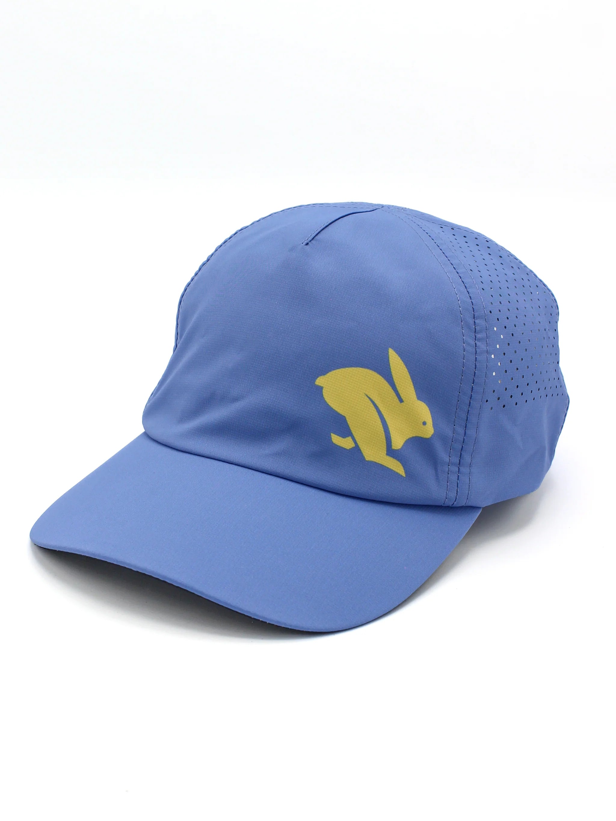 Elite Hat by Rabbit in blue with yellow logo, lightweight woven cap with laser-cut vents for ventilation and sun protection