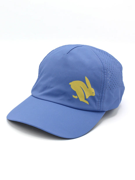 Elite Hat by Rabbit in blue with yellow logo, lightweight woven cap with laser-cut vents for ventilation and sun protection