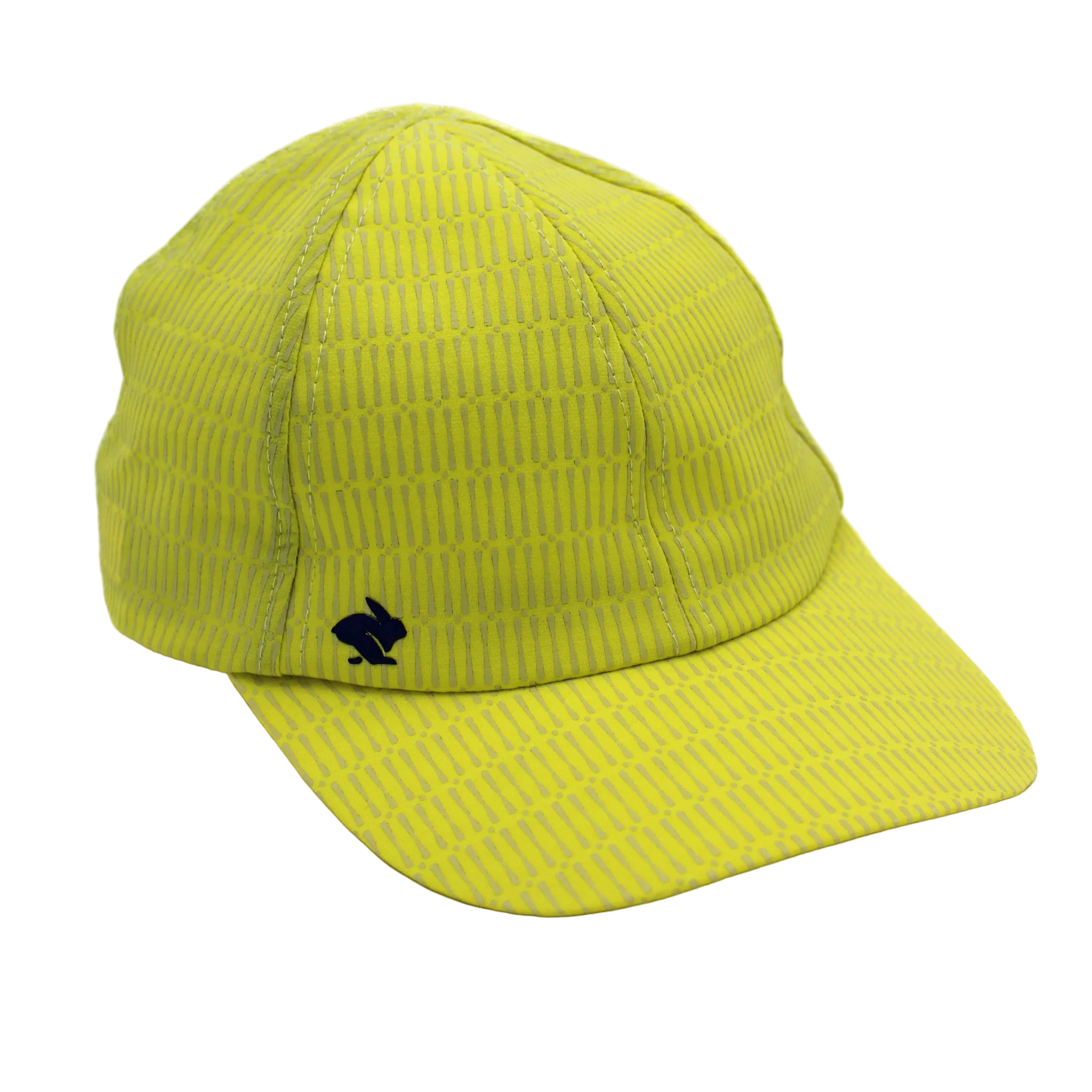 Low Light Tech Cap by Rabbit in bright yellow with reflective pattern, designed for visibility and safety during night running and outdoor use