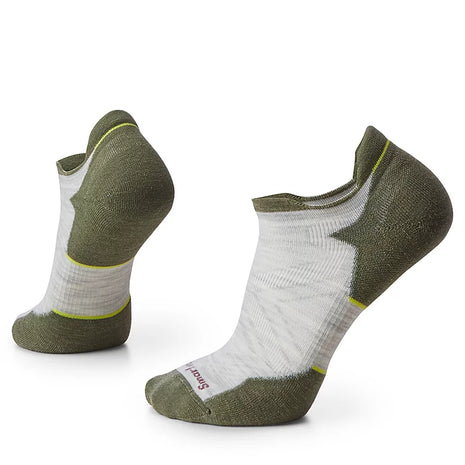 Run Targeted Cushion Low Ankle Socks by SmartWool in white and green, cushioned low cut socks for comfortable running on treadmill, track, or trail