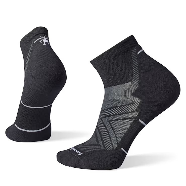 Run Targeted Cushion Ankle Socks by SmartWool in black and grey with cushioned impact zones for men’s running comfort and support