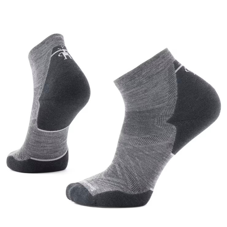 Run Targeted Cushion Ankle Socks by SmartWool in grey and black with targeted cushioning for impact zones, ideal for running comfort