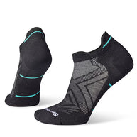Run Zero Cushion Low Ankle Socks - Women by SmartWool in black with blue accents, breathable, seamless toe, cushioned for running comfort