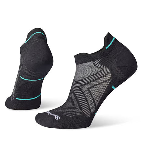 Run Zero Cushion Low Ankle Socks - Women by SmartWool in black with blue accents, breathable, seamless toe, cushioned for running comfort
