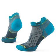 Run Zero Cushion Low Ankle Socks - Women by SmartWool in blue and grey with breathable mesh, seamless toe, durable low-cut running socks
