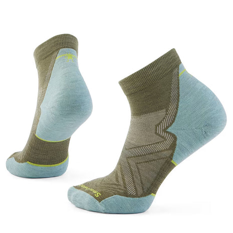 Run Targeted Cushion Ankle Socks - Women by SmartWool in olive and light blue, cushioned, comfortable socks for running and training miles