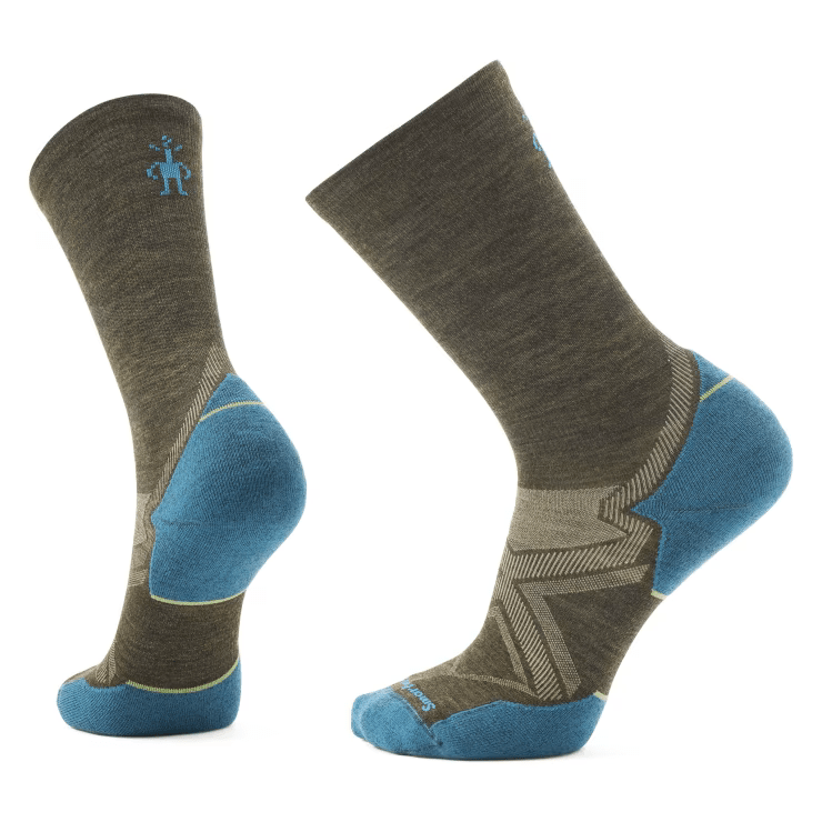 Run Cold Weather Targeted Cushion Crew Socks by SmartWool in olive and blue, durable breathable crew socks ideal for cold weather running