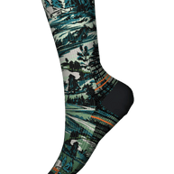 Hike Light Cushion Campground Print Crew Socks by SmartWool in black and teal with light cushioning for comfort and durability on hiking trails