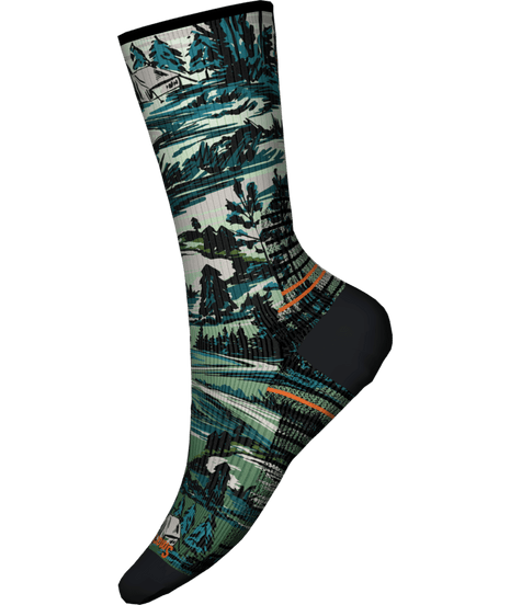 Hike Light Cushion Campground Print Crew Socks by SmartWool in black and teal with light cushioning for comfort and durability on hiking trails