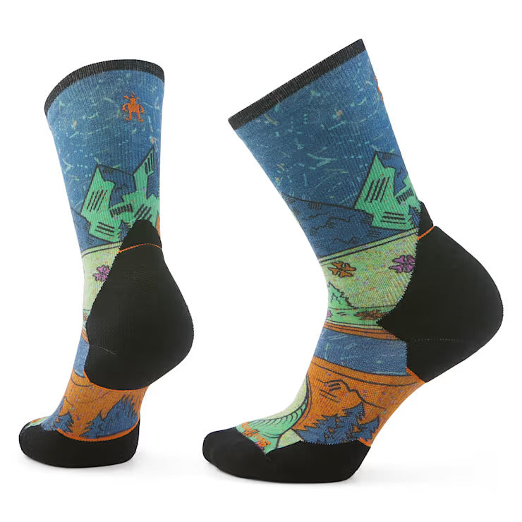 Trail Run Targeted Cushion Mountain Print Crew Socks - Women by SmartWool in blue and orange, breathable durable running socks for trail running and outdoor use
